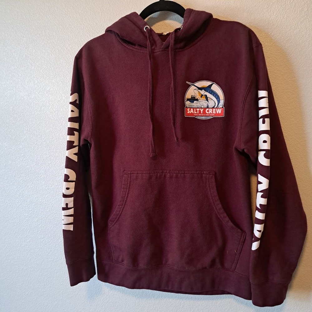 Salty Crew Mens Marlin Graphic Hoodie Burgundy Maroon Sleeve Print Sweatshirt S